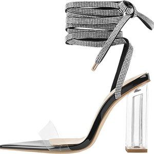 Women's Clear Block Heel Lace Up Rhinestones Dress Sandals
